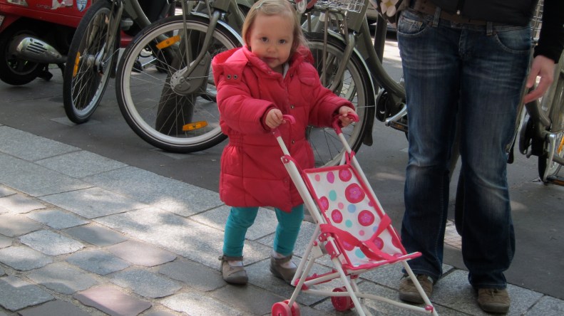 we are in a sidewalk cafe sipping a cup of cafe, she is out for a stroll - it wasn't that cold